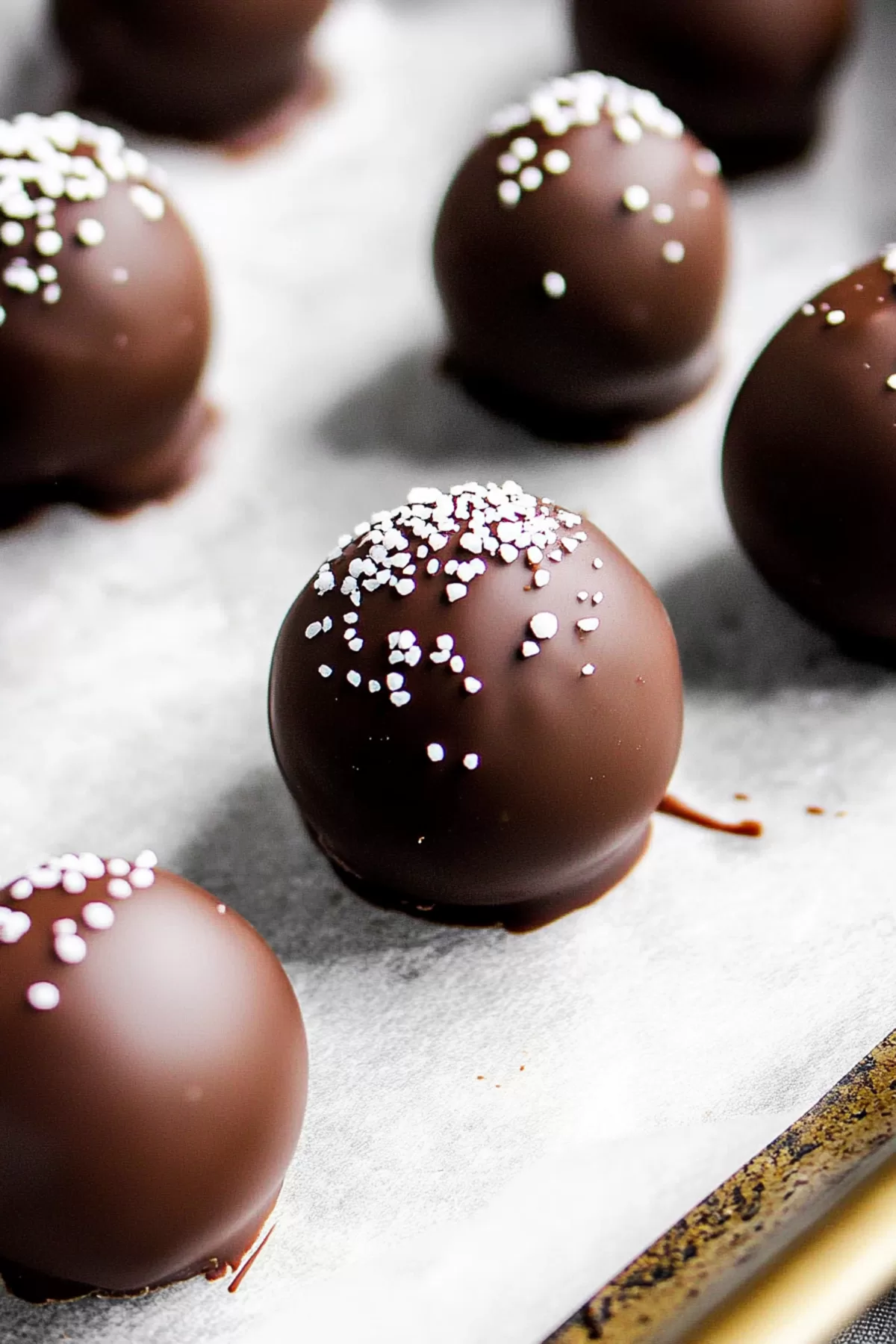 A stack of indulgent, chocolate-dipped treats with a drizzle on top.