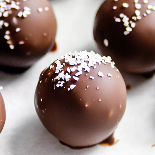 Close-up of bite-sized treats with a crunchy chocolate shell and a rich filling.