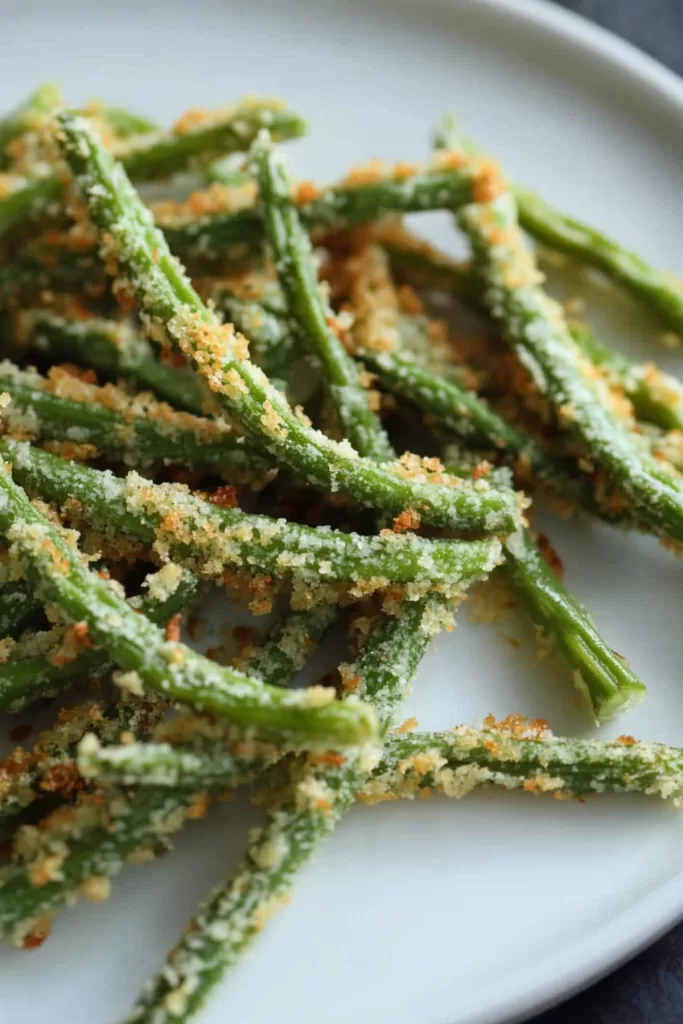 Crispy green bean fries with a golden breadcrumb coating served in a rustic basket, perfect for snacking.