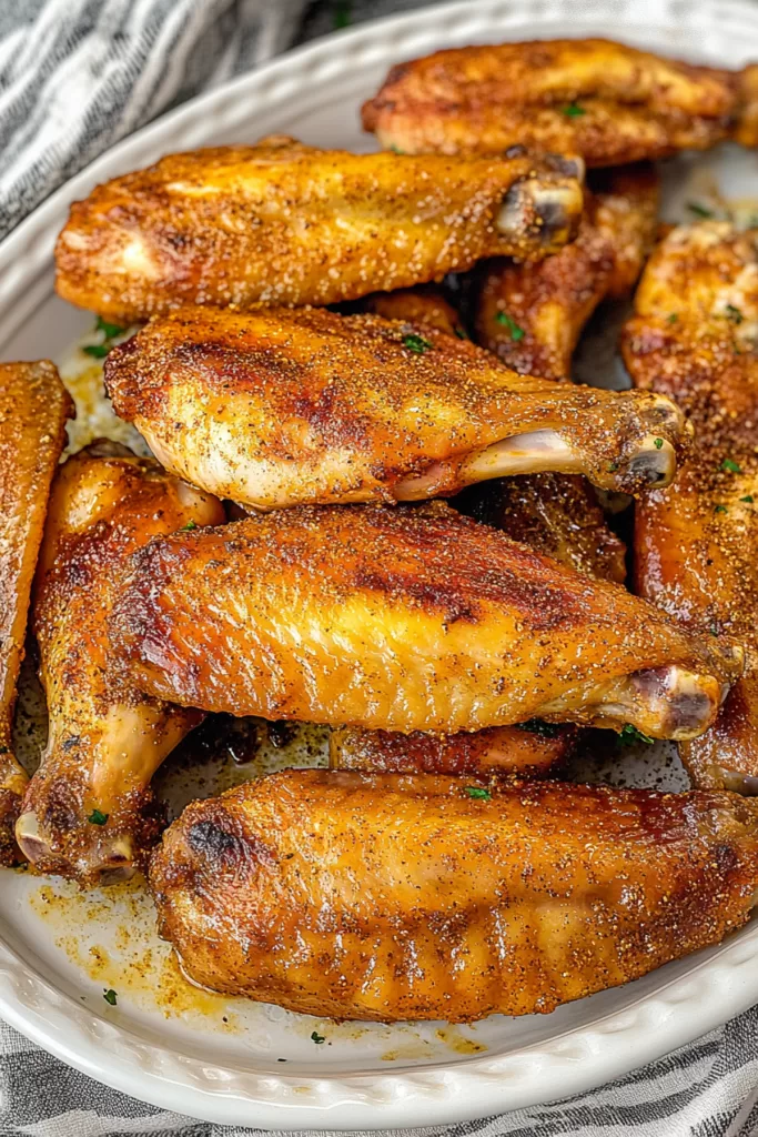 A serving platter with a few oven-baked turkey wings, garnished with fresh herbs for a rustic presentation.