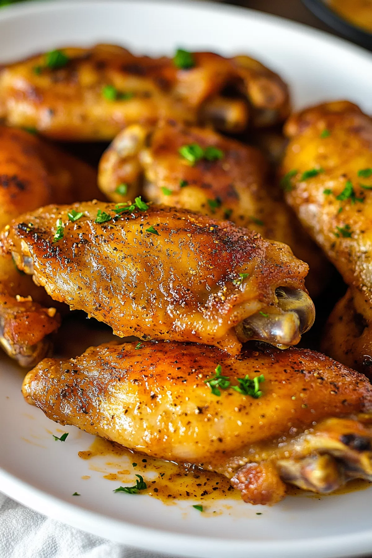 A close-up of crispy, golden-brown turkey wings fresh out of the oven, glistening with juices.