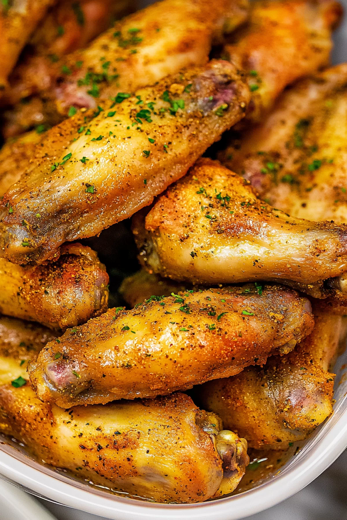 A turkey wing on a plate, showing its crispy skin and juicy interior.