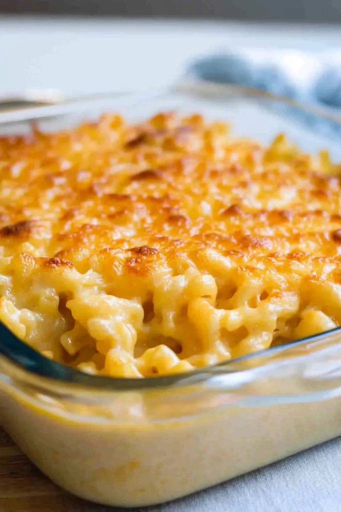 Close-up of rich, gooey macaroni coated in melted cheese.