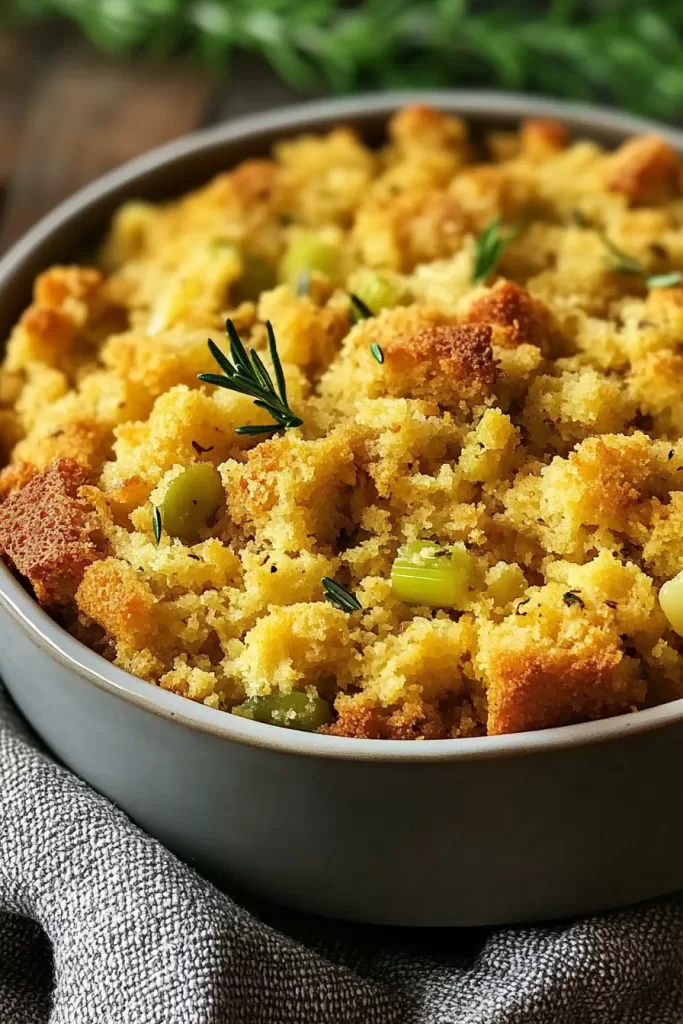 Golden-brown cornbread dressing with chopped celery and herbs, freshly baked in a casserole dish.