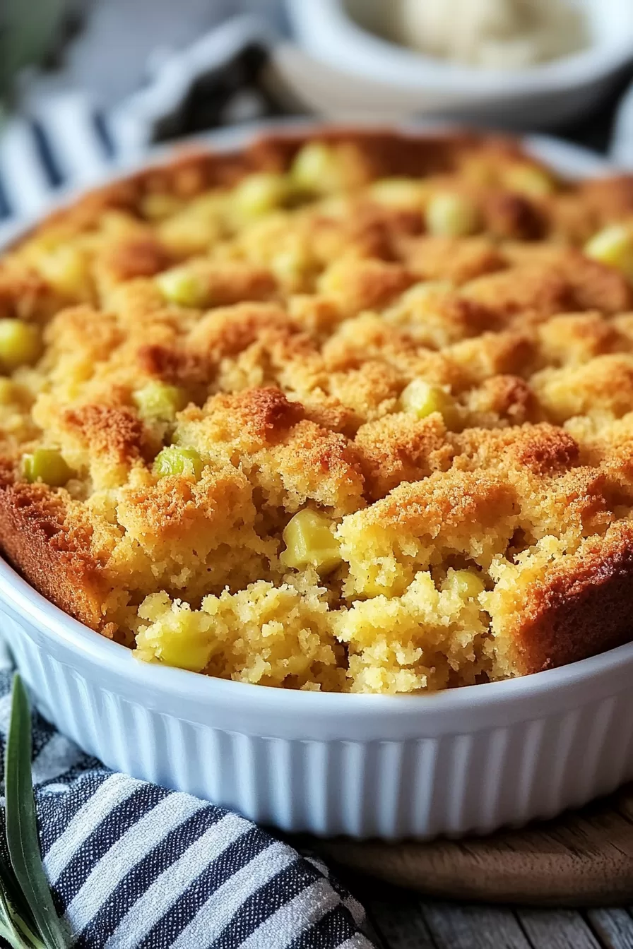 Close-up of a hearty serving of homemade cornbread dressing topped with a hint of fresh rosemary.