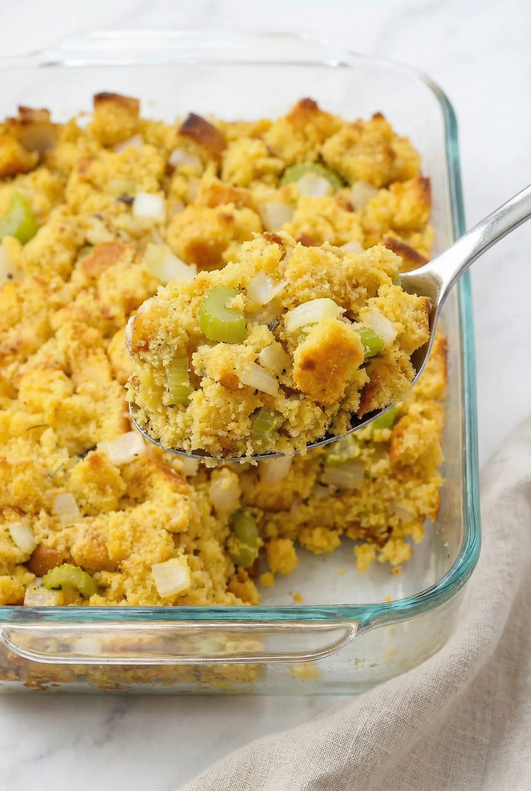 Spoonful of warm cornbread dressing showing a soft, crumbly texture with celery and onion