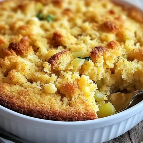 Warm cornbread dressing with crispy edges and soft center, served in a rustic casserole dish.