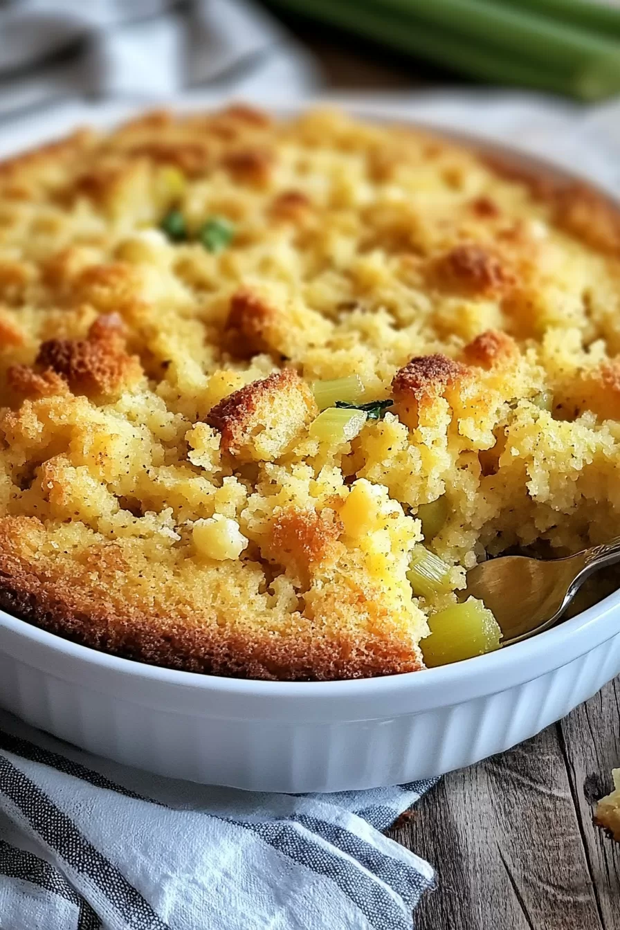 Warm cornbread dressing with crispy edges and soft center, served in a rustic casserole dish.