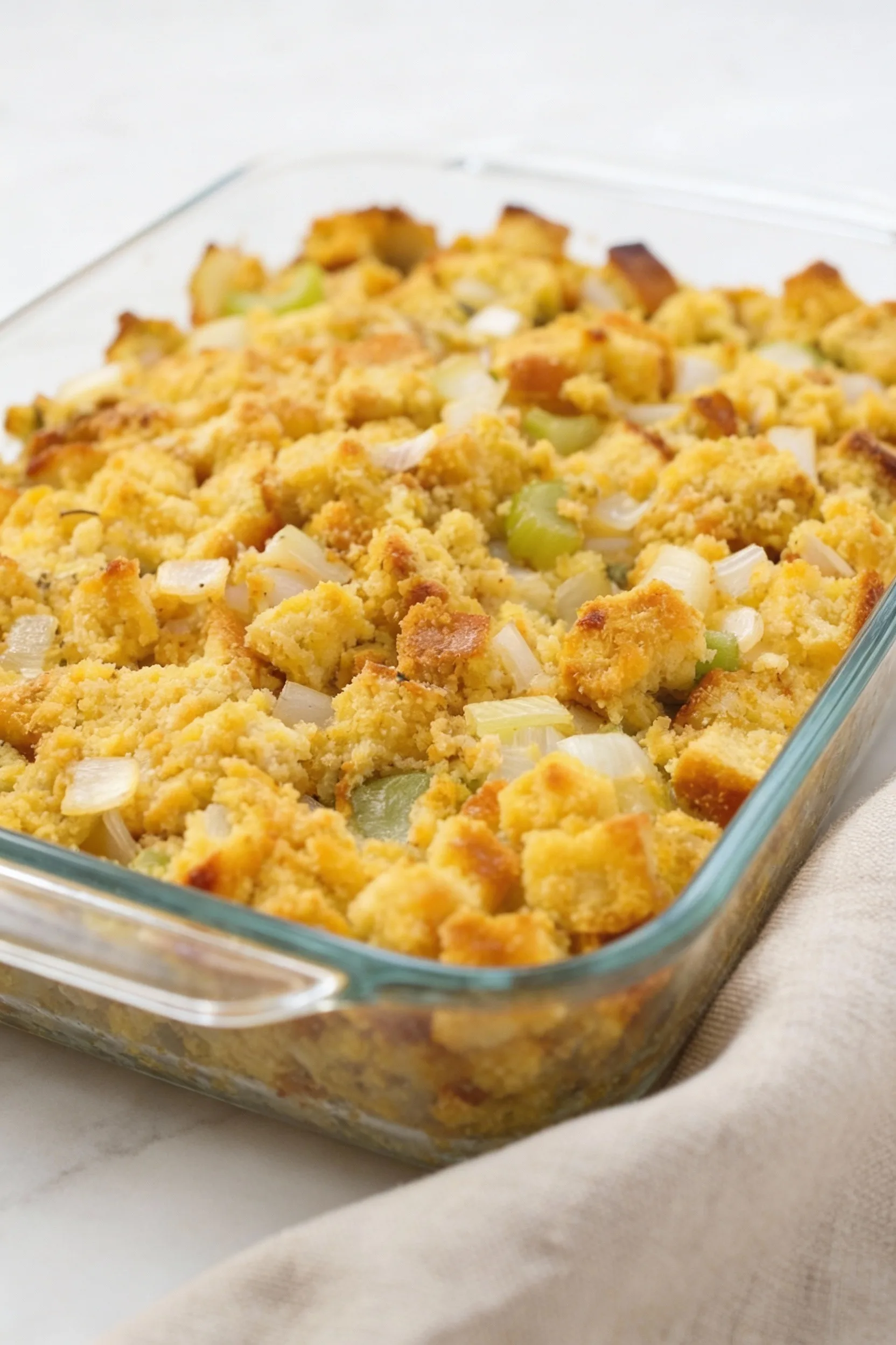 Paula Deen’s Southern Cornbread Dressing baked until golden and fluffy in a rectangular glass casserole