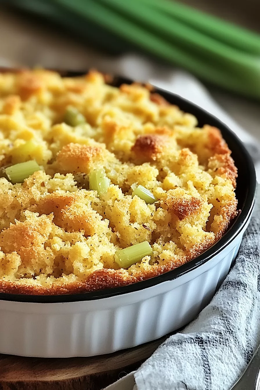 Moist and flavorful cornbread dressing, featuring diced vegetables and a golden crust.