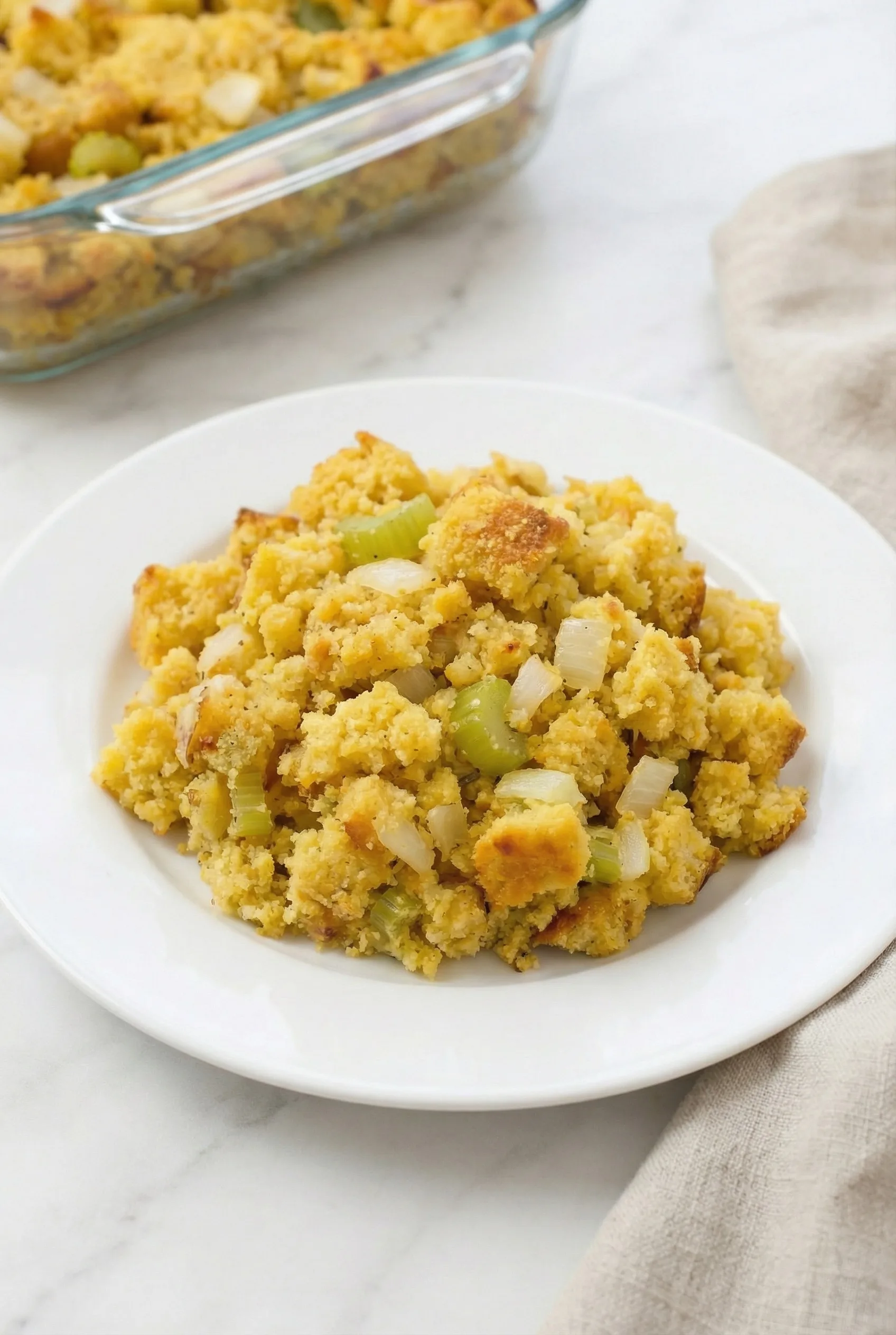 Homemade cornbread dressing served on a white plate with a moist, tender crumb