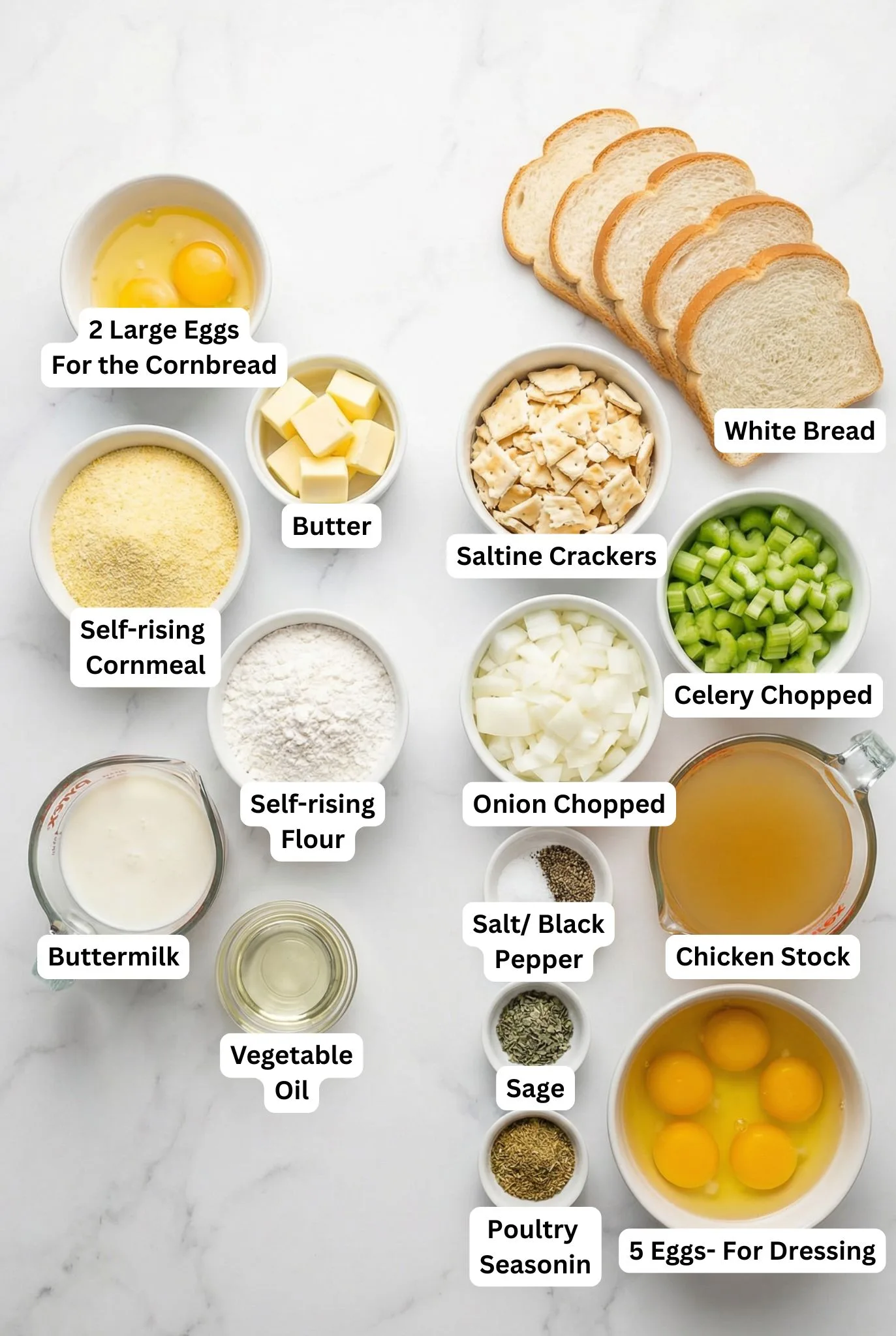 Ingredients laid out for Paula Deen’s Southern Cornbread Dressing including cornbread, white bread, eggs, celery, onion, and seasonings