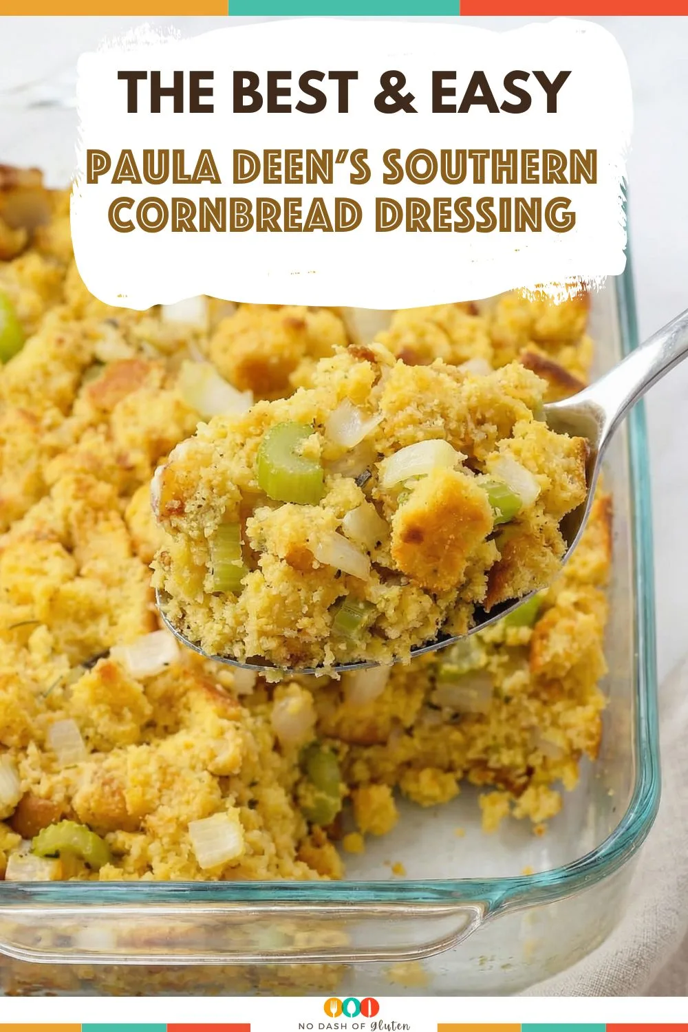 Close-up of classic Southern cornbread dressing with onions and celery, baked until golden