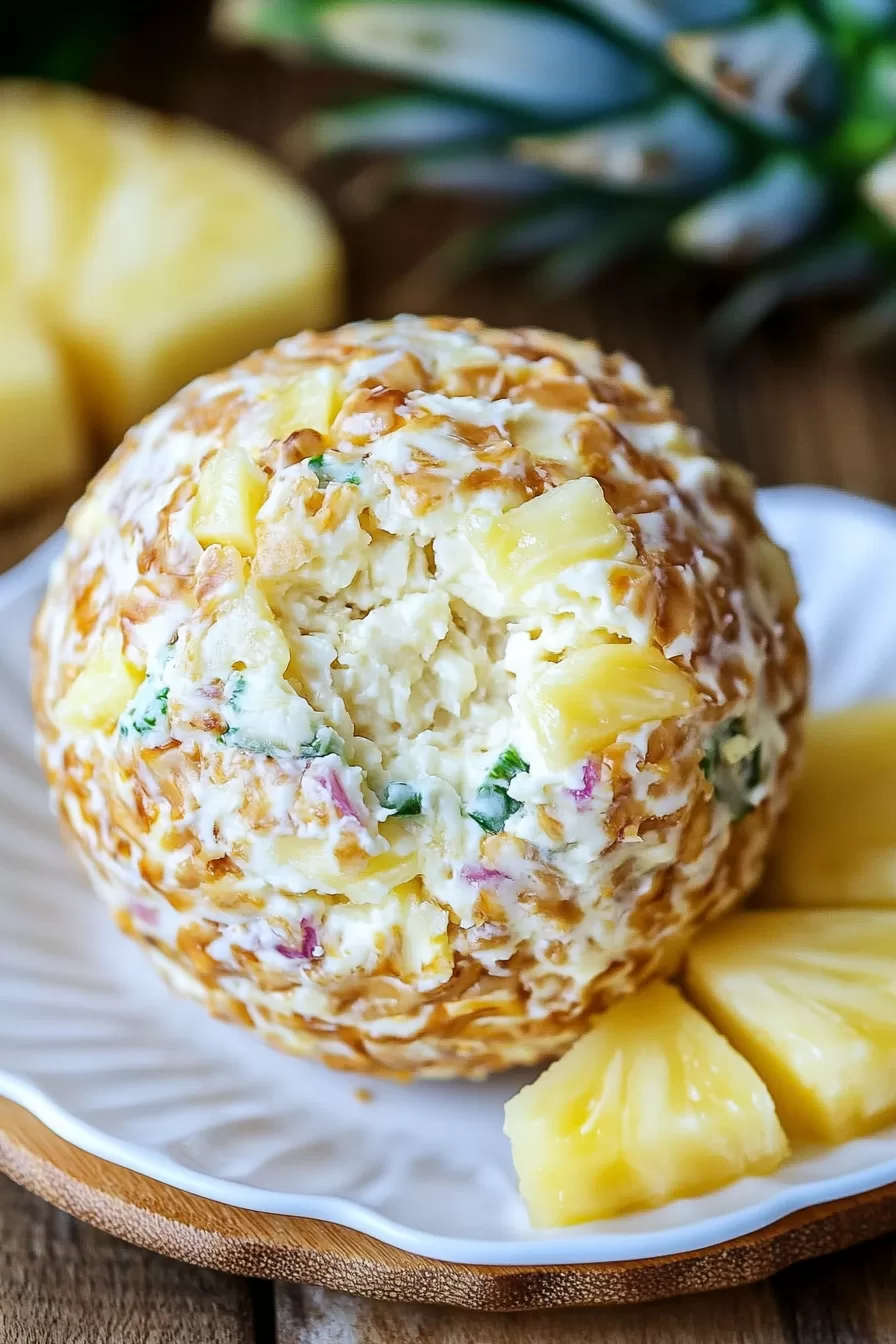 A close-up of a creamy cheese ball filled with pineapple chunks and garnished with green herbs, perfect for a summer gathering.