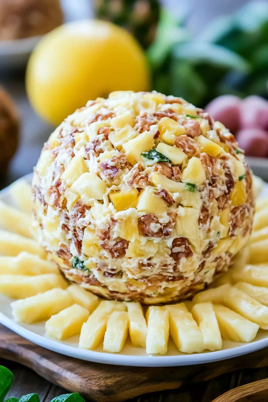 A pineapple cheese ball on a platter surrounded by fresh pineapple wedges, ready to serve as a festive appetizer.