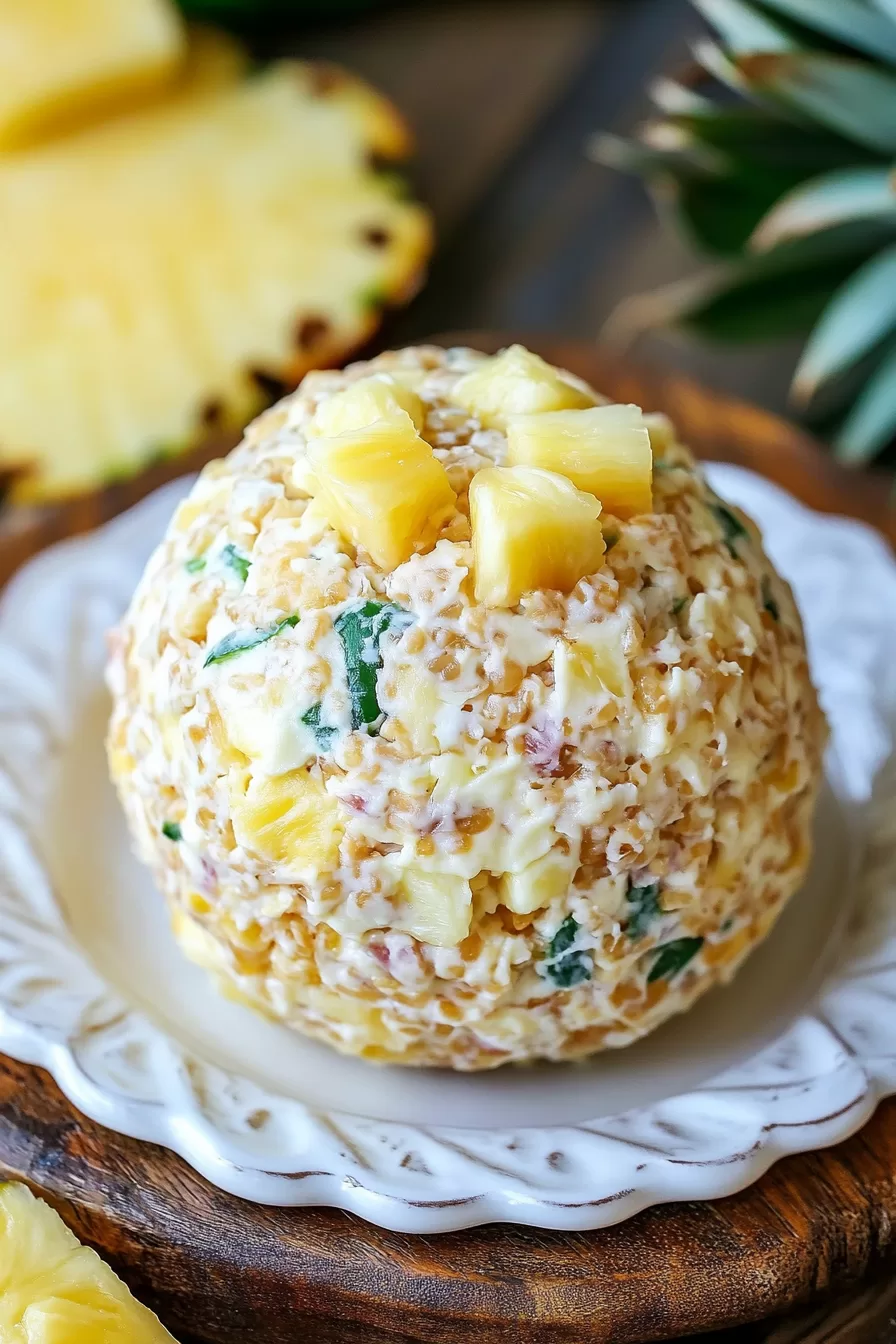 A delicious blend of creamy cheese and pineapple chunks, shaped into a cheese ball and topped with a crunchy coating.