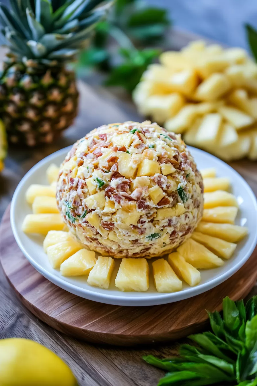 The tropical-inspired cheese ball with bits of pineapple and nuts, served on a white plate with pineapple pieces.