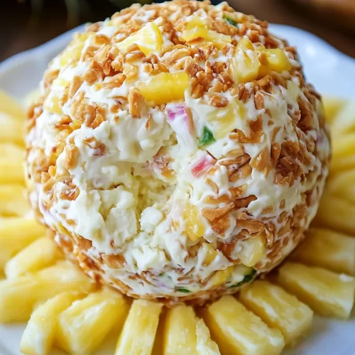 A sweet and savory cheese ball with pineapple and herbs, beautifully presented on a plate for a party snack.