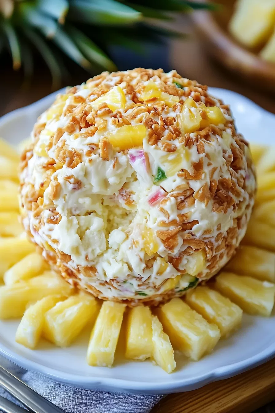 A sweet and savory cheese ball with pineapple and herbs, beautifully presented on a plate for a party snack.