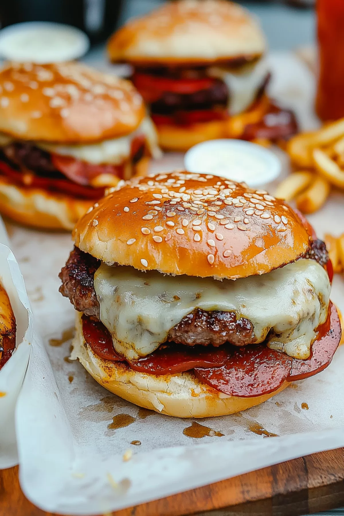 Burger with rich pizza flavors, served alongside a side of crispy fries