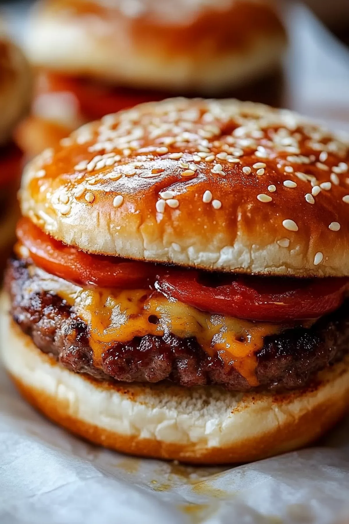 Crispy bun sandwiching a beef patty, marinara sauce, and gooey melted mozzarella.