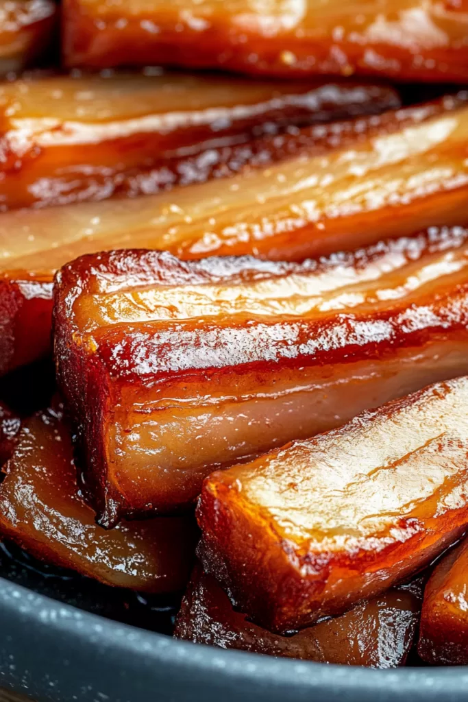 Crispy, golden-brown slices of pork belly served on a wooden platter.