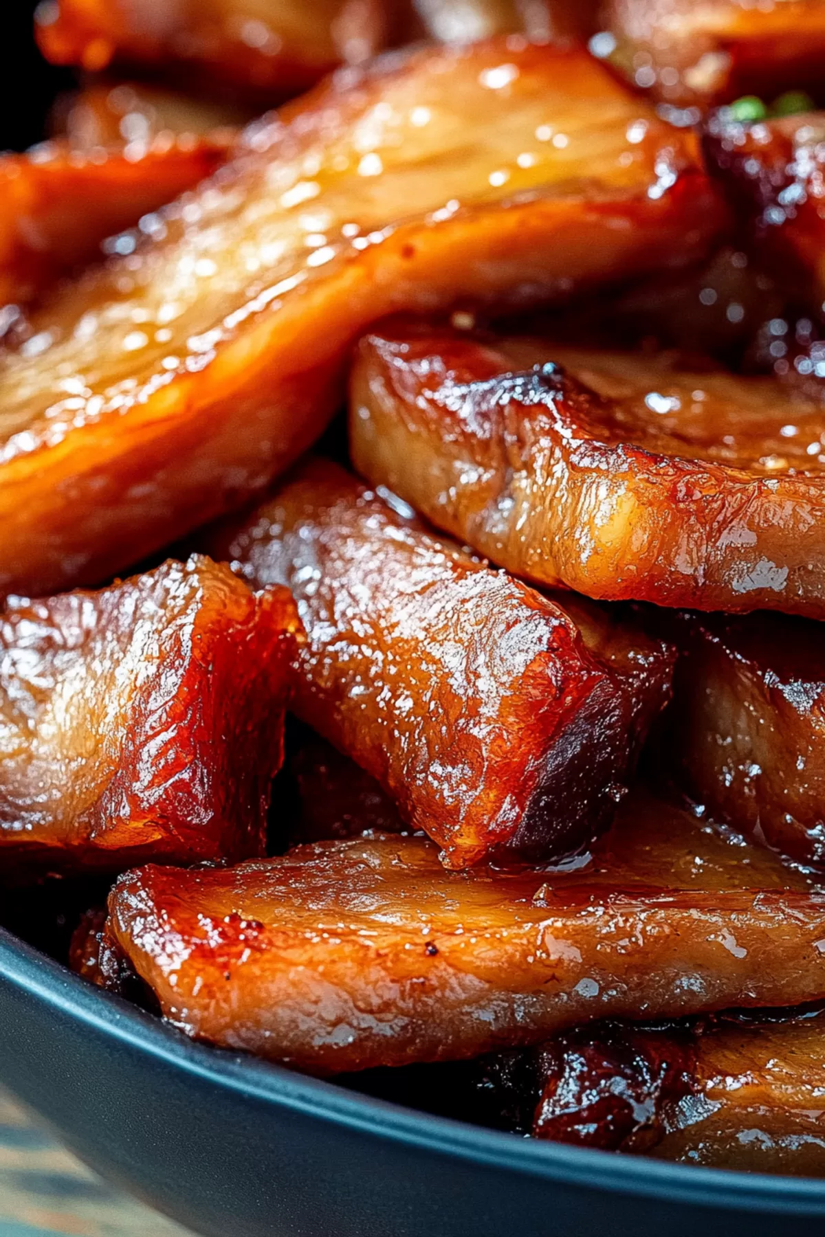 Juicy pork slices arranged with a side of dipping sauce and fresh herbs.