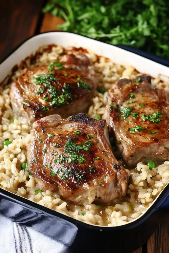 A hearty casserole featuring tender pork chops nestled atop a bed of seasoned rice.