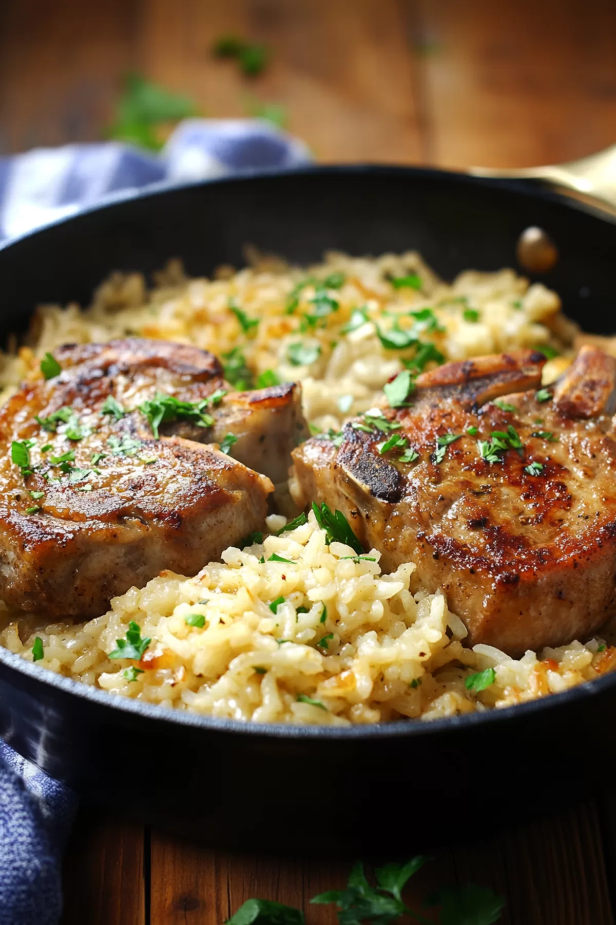 A serving of baked pork and rice, highlighting the moist texture and rich flavors.