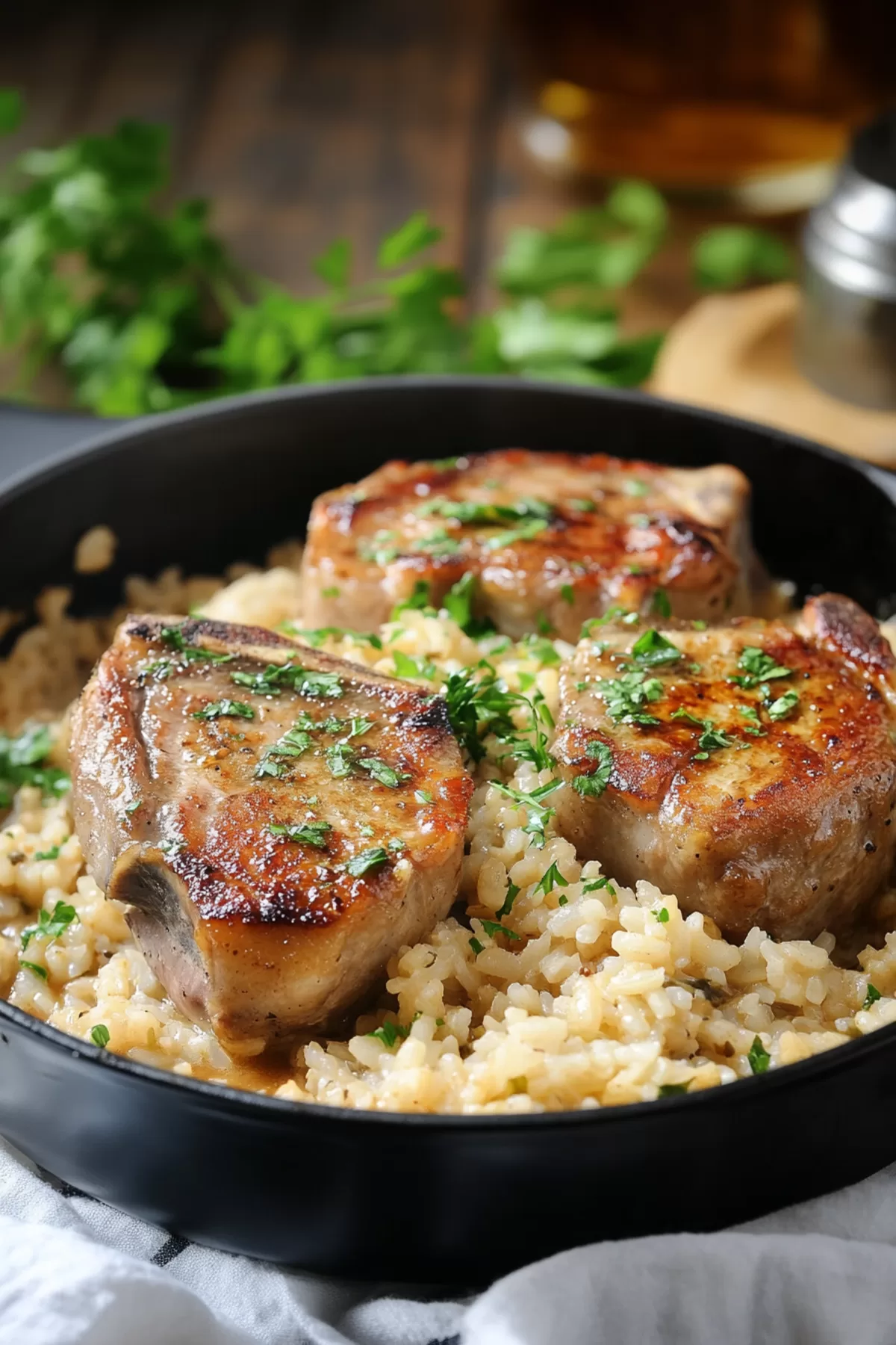 Golden-brown pork chops resting on a bed of aromatic rice, garnished with fresh herbs.