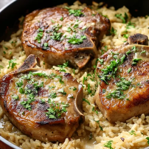 Close-up of a baked dish showcasing juicy pork chops layered over fluffy, flavorful rice.