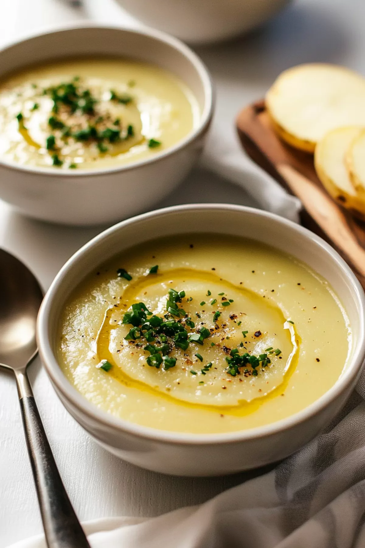 A creamy bowl of soup garnished with fresh chives and a swirl of cream.