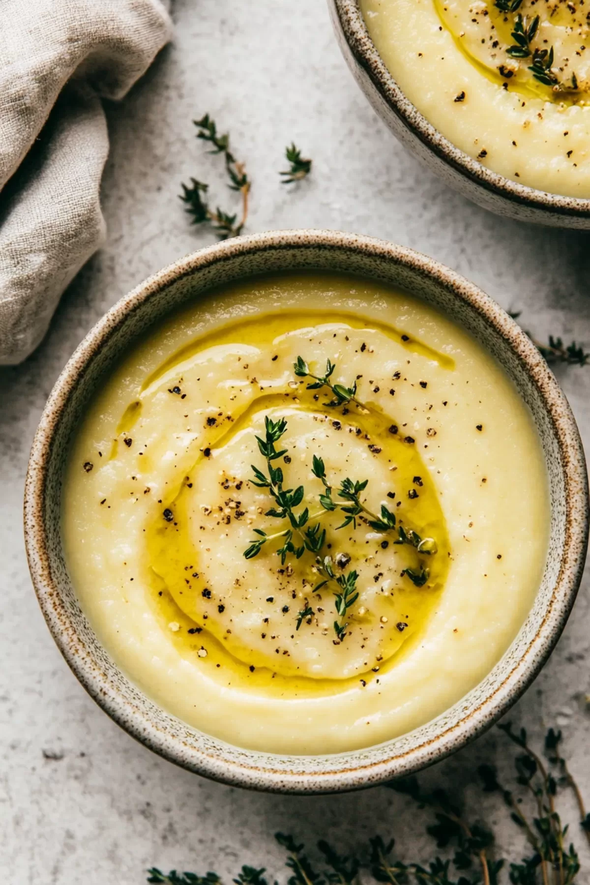 A hearty bowl of comforting soup, served with crusty bread on the side.