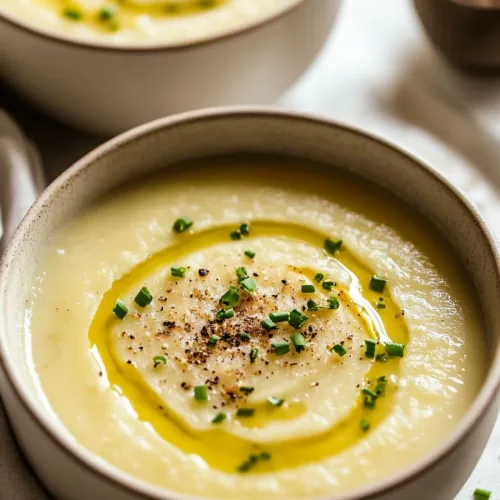 Warm and inviting soup perfect for chilly days, with a drizzle of cream on top.