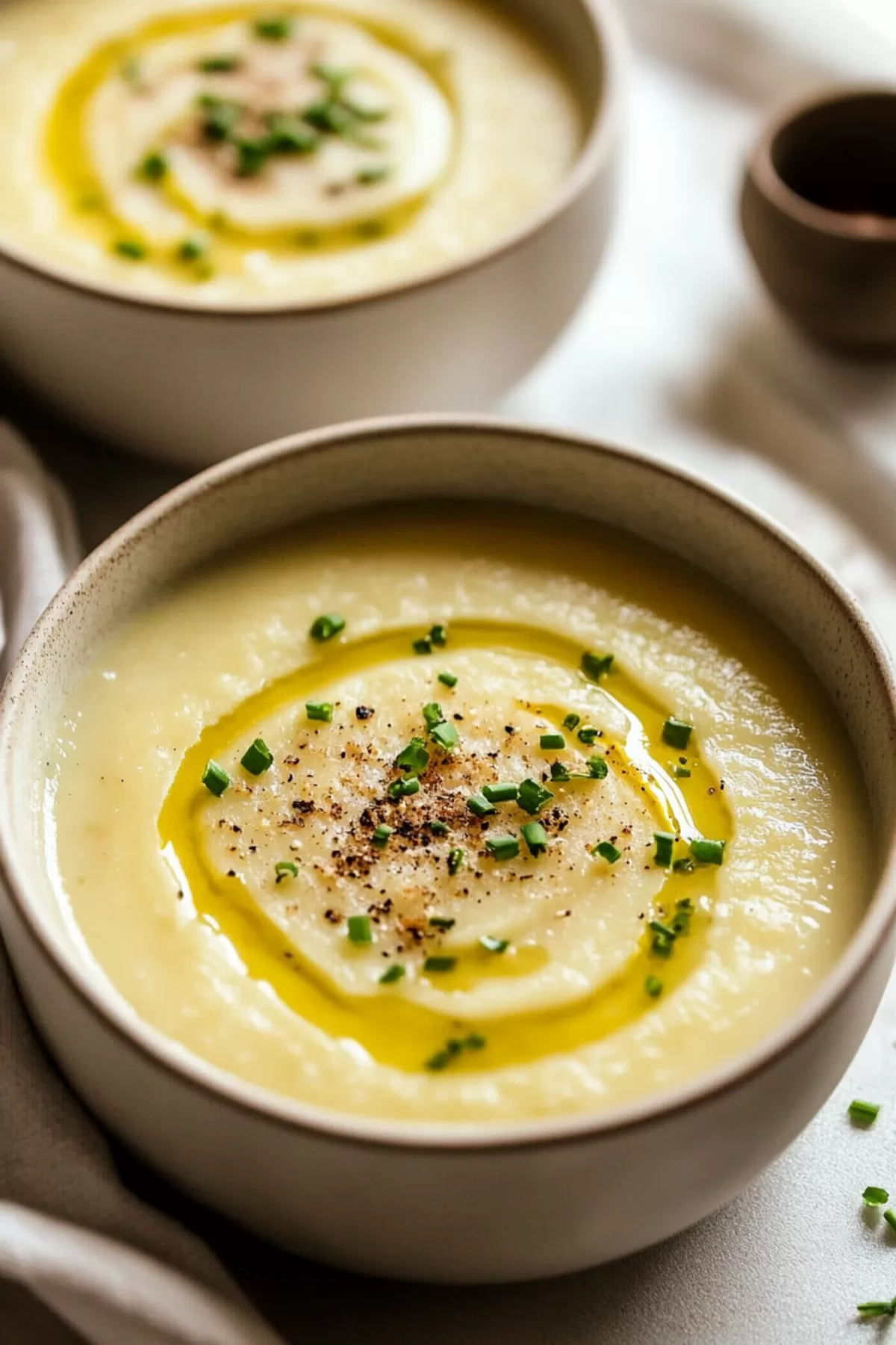 Warm and inviting soup perfect for chilly days, with a drizzle of cream on top.