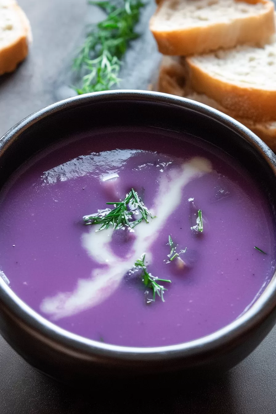 A vibrant purple soup served in a bowl, garnished with fresh herbs and a drizzle of cream.