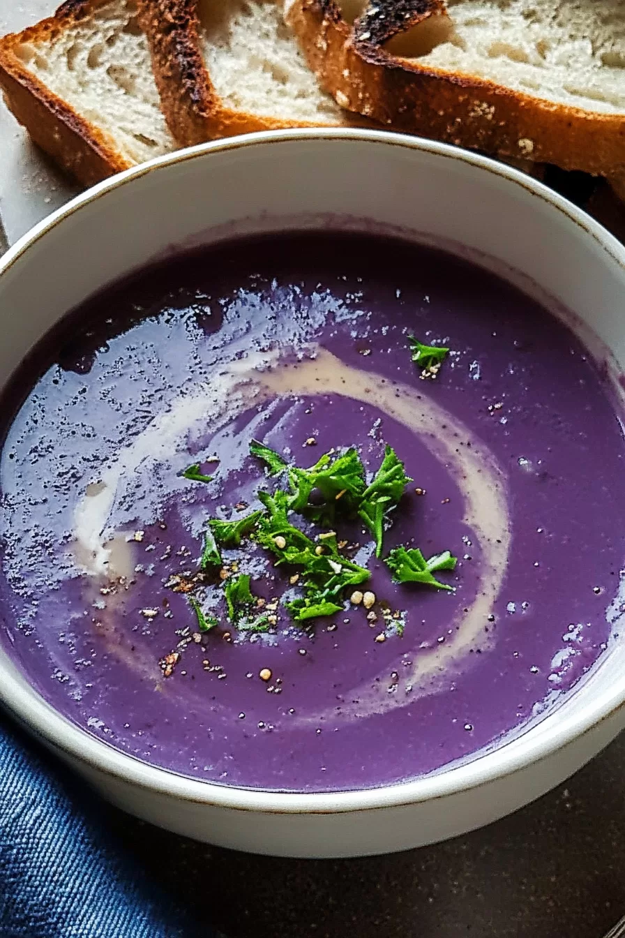 Close-up of a steaming bowl of soup with rich purple hues and hearty vegetables.