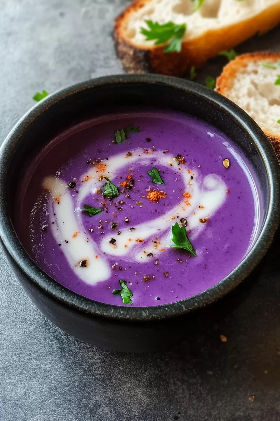 Warm and creamy bowl of soup with a deep purple color, perfect for a cozy meal.