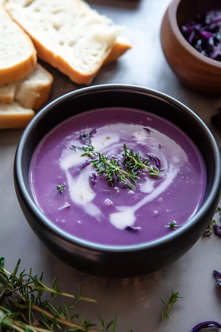 A cozy dinner table setup featuring a bowl of warm soup with rustic bread on the side.