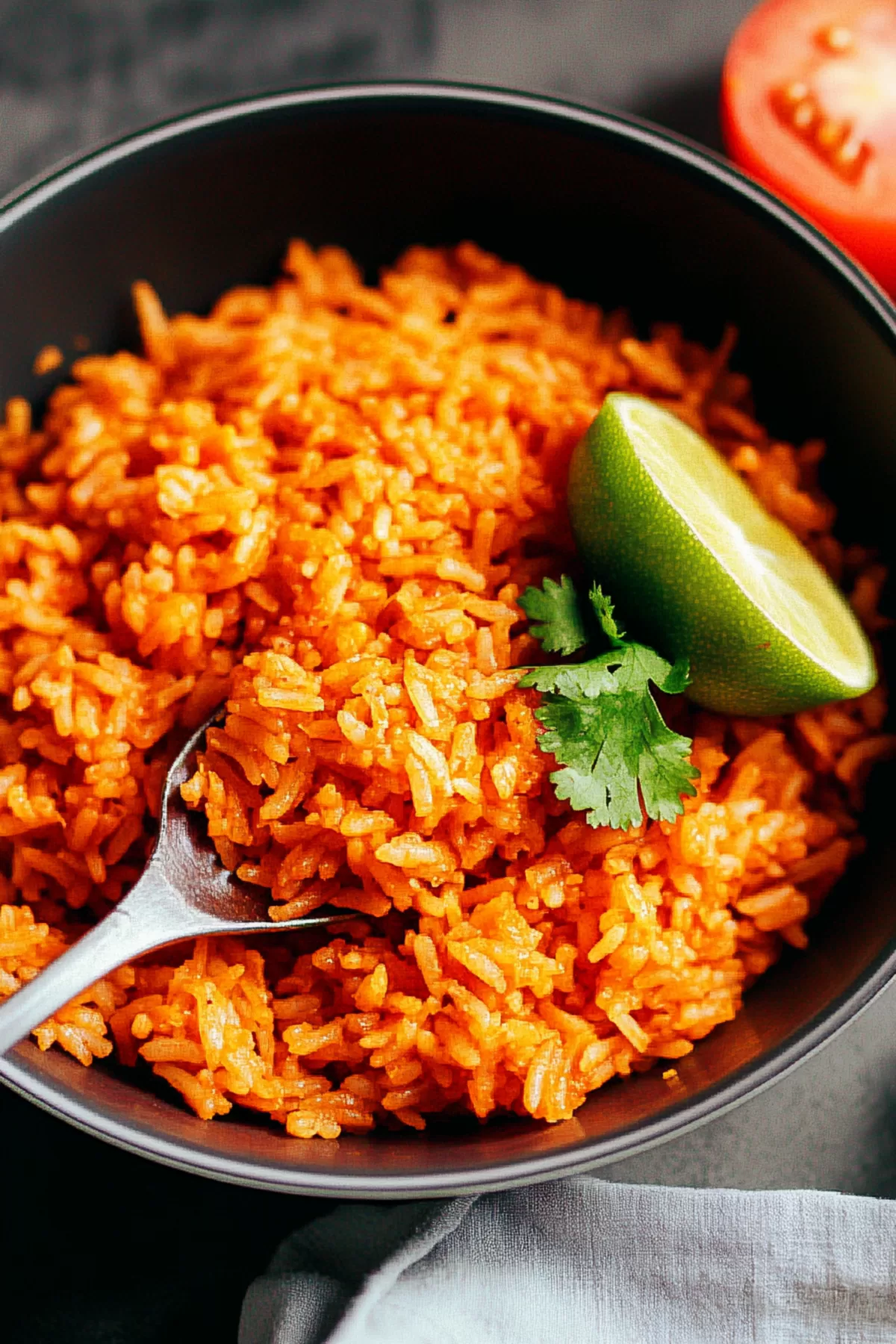 A spoon scooping a serving of perfectly cooked seasoned rice from a rice cooker.