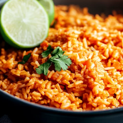 A close-up of cooked rice mixed with vibrant corn, tomatoes, and green bell peppers.