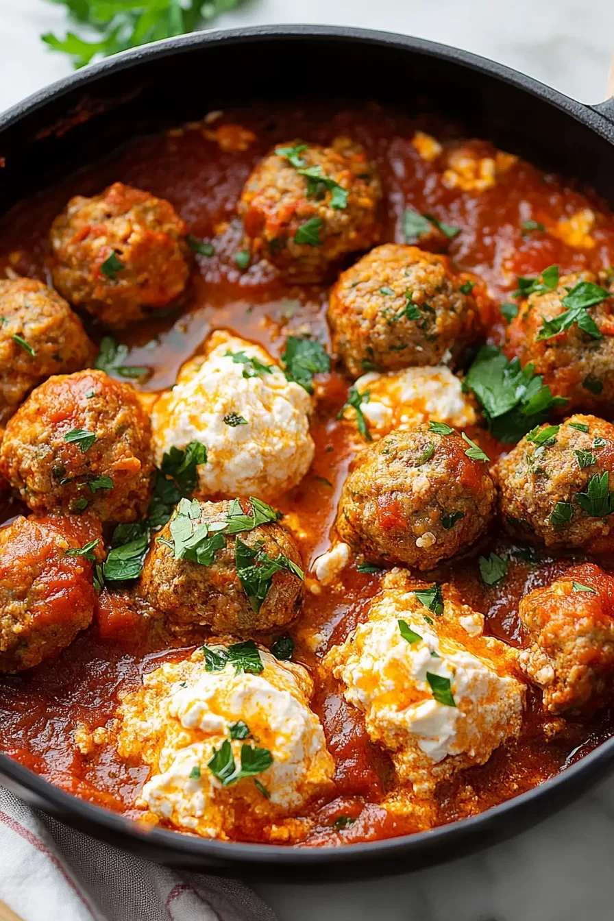 Tender meatballs topped with fresh herbs and sauce.