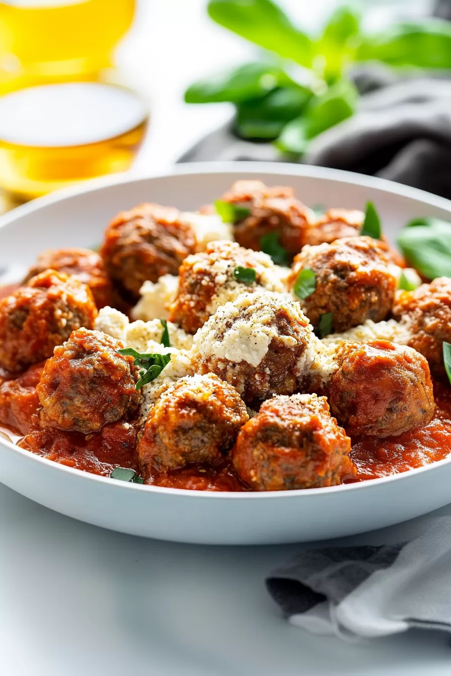 Plate of meatballs garnished with parsley and parmesan.