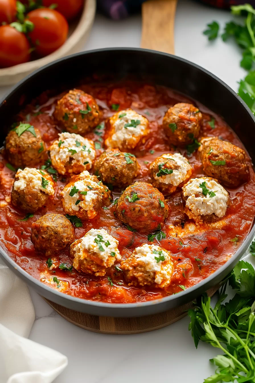 Perfectly browned meatballs arranged in a serving dish.