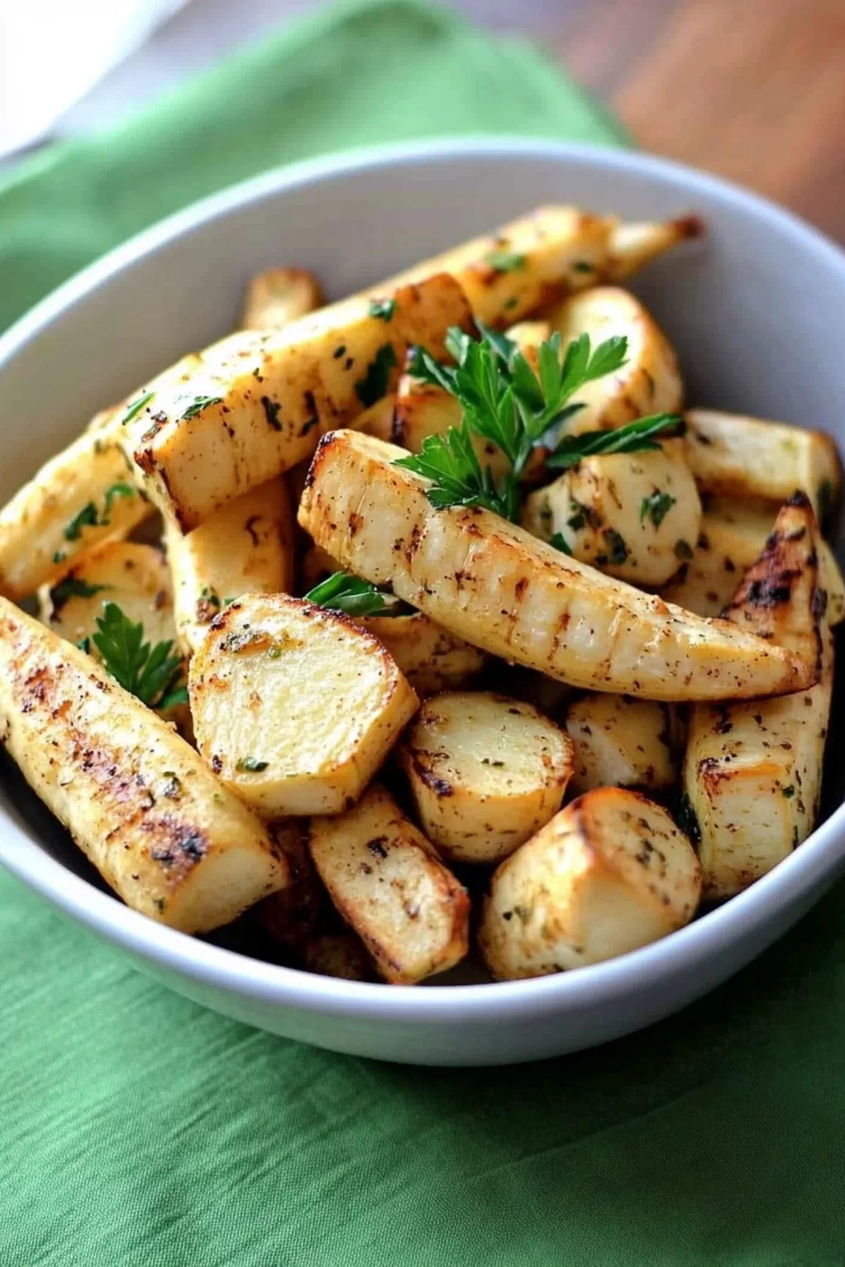 A rustic serving of roasted parsnips in a dish, highlighted with green parsley leaves.