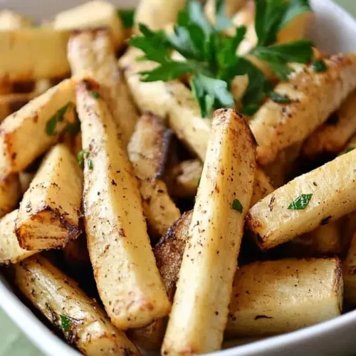 Golden roasted parsnips garnished with fresh parsley in a white bowl on a green napkin.