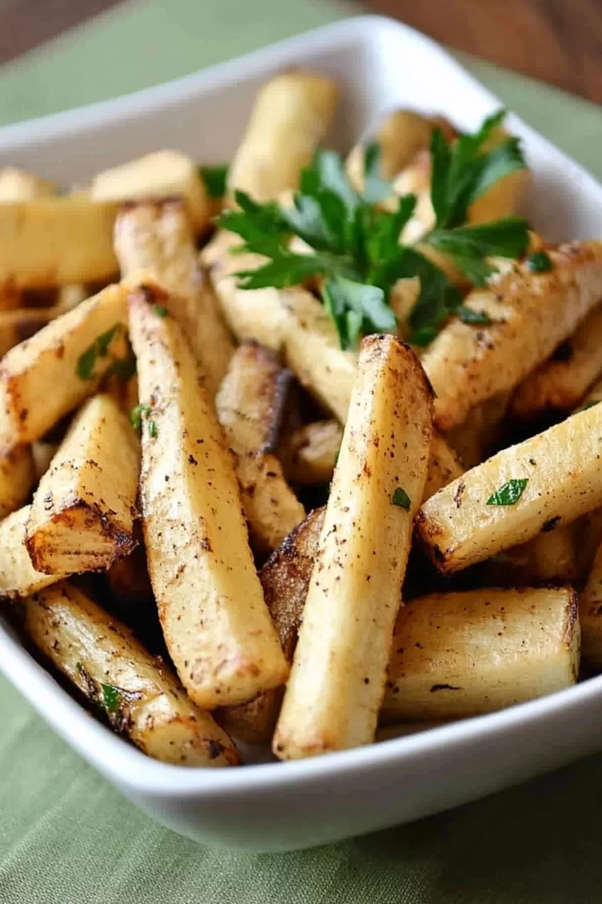 Golden roasted parsnips garnished with fresh parsley in a white bowl on a green napkin.