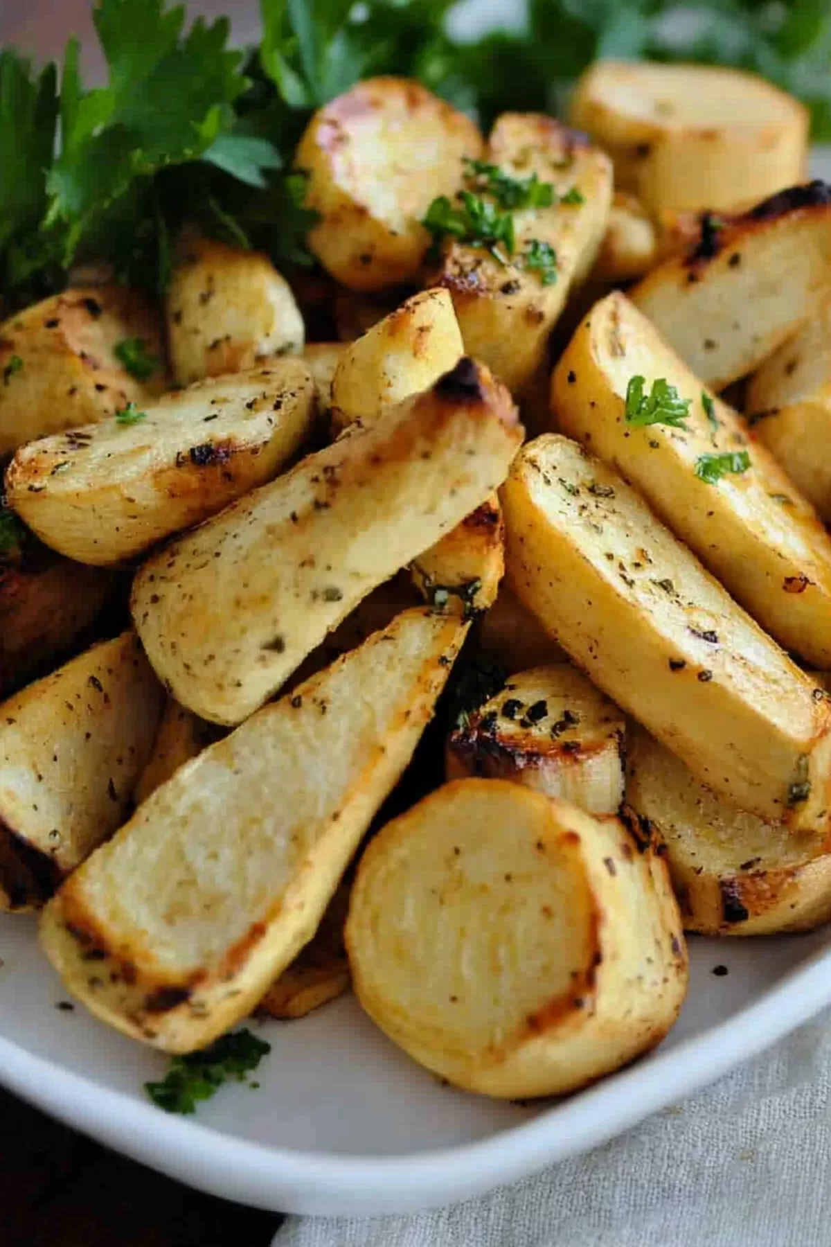 Close-up of roasted parsnip pieces seasoned with herbs and perfectly caramelized.