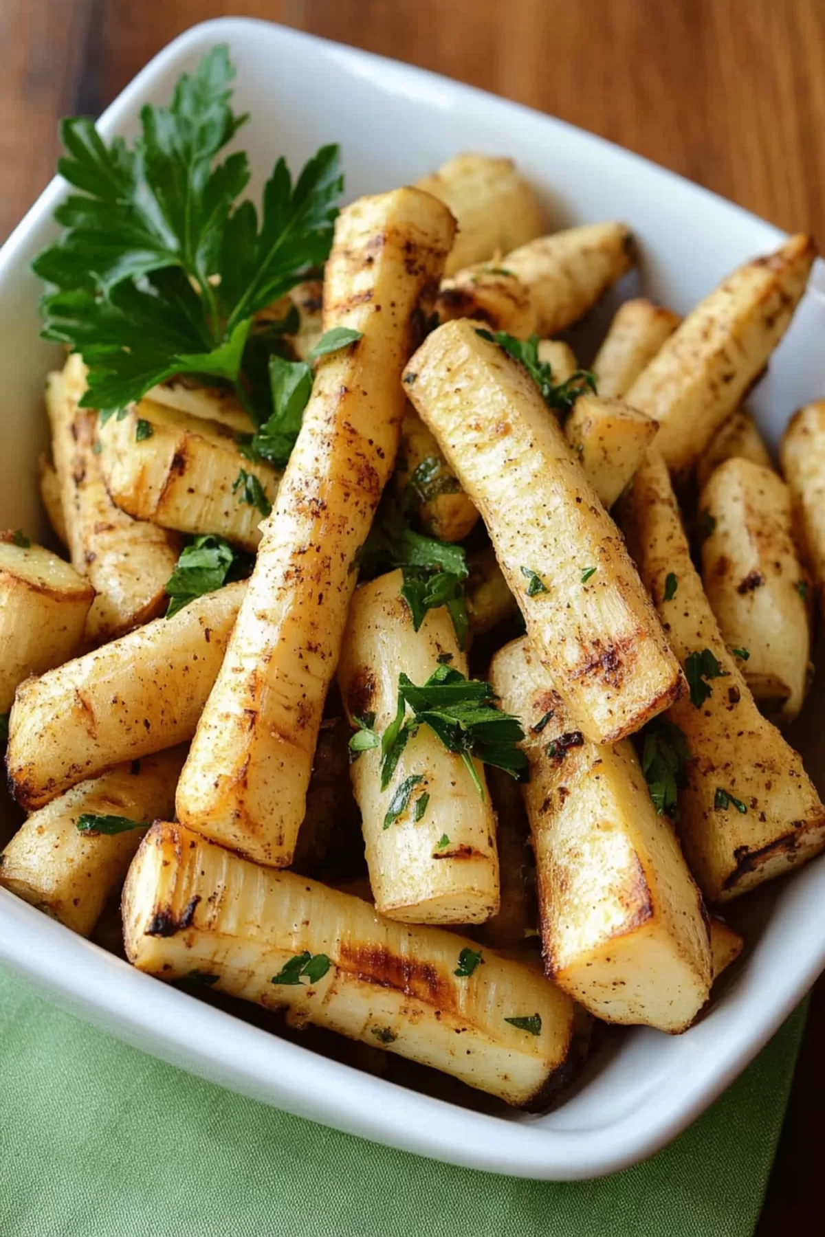 Crispy roasted parsnips with a light char and a sprinkle of parsley, served in a square white dish.