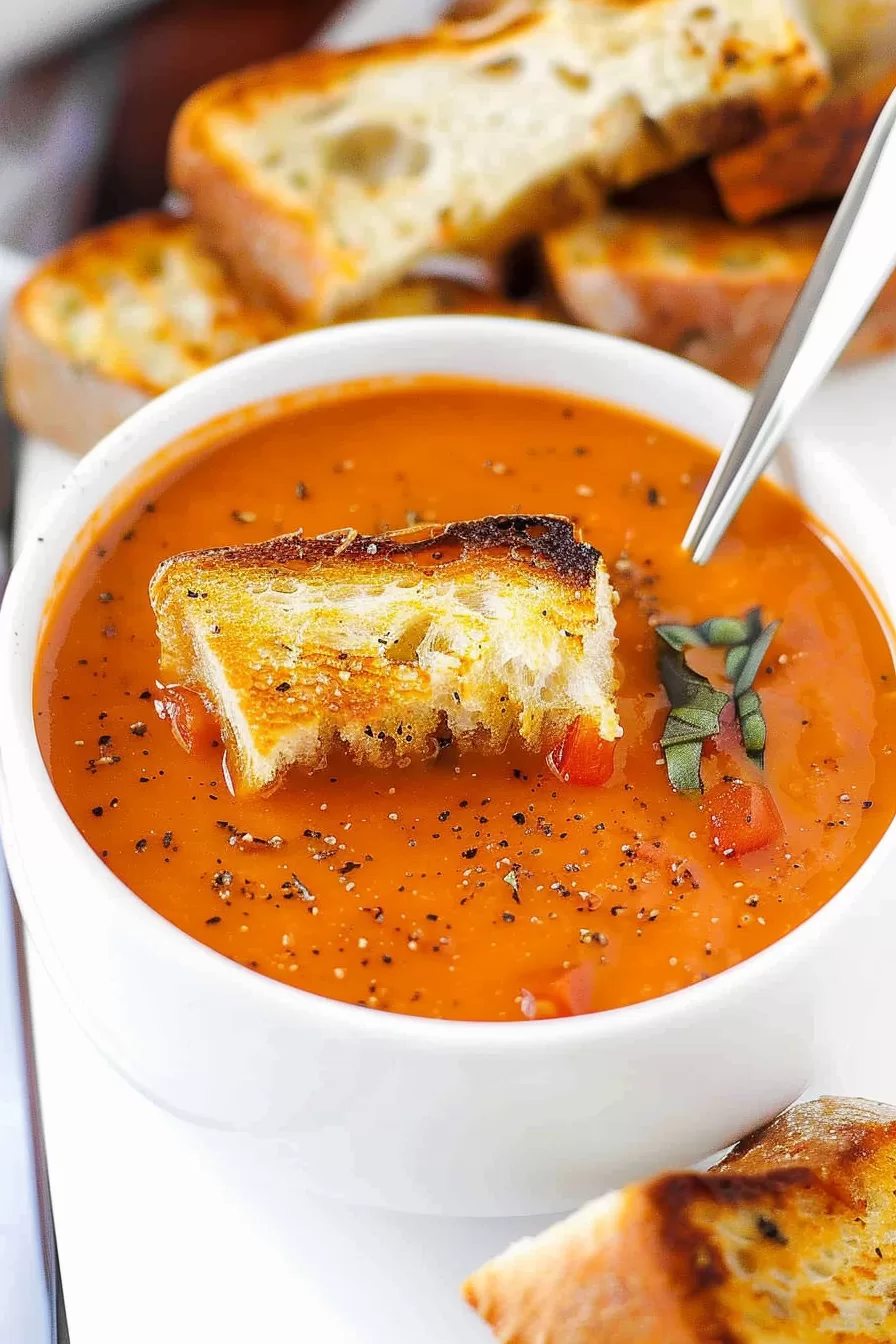 Rich, red soup presented in a bowl, highlighting the roasted tomato base.